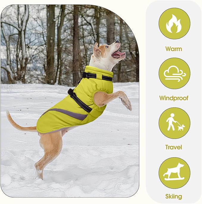 BRKURLEG Dog Winter Jackets for Medium Dogs, Dog Coat with Harness Built in, Dogs Snowsuits with Zipper, Waterproof Windproof Pet Puffer Jacket Fleece Vest for Pug, French Bulldog, Green M