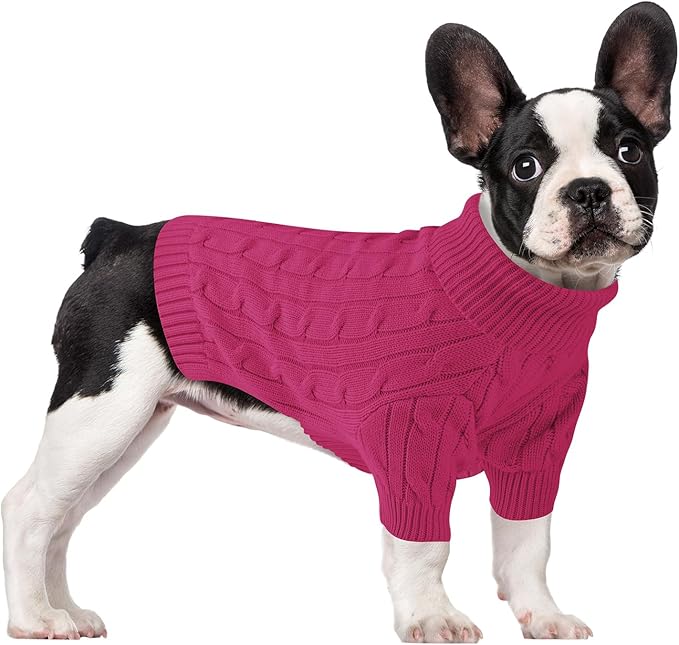 Small Dog Thermal Pullover Sweater, Classic Turtleneck Cable Knitwear Dog Clothes for Cold Weather Warm Pet Clothes for Chihuahua, Bulldog, Dachshund, Pug Hot Pink Small