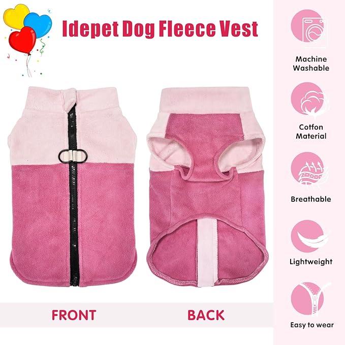 Idepet Dog Fleece Vest Sweater Zip Up Warm Pullover Dogs Jacket with D-Ring Leash Winter Cold Weater Coat Pet Sweatershirt Clothes Hoodie for Small Medium Dogs Boy Girl (Pink/Rose Red, XL)