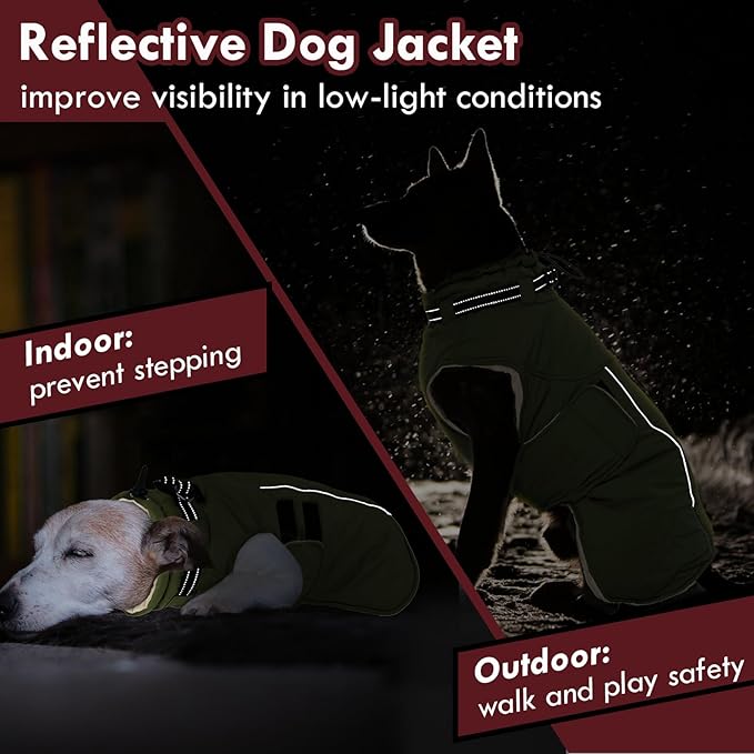 Dog Winter Coat with Harness, Warm Dog Jackets for Large Dogs Waterproof, Adjustable Hook&Loop Reflective Snowsuit, Cold Weather Coats for Dogs Labrador Doberman, XXXL Green