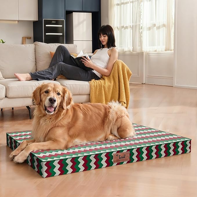Outdoor Extra Large Dog Bed, Waterproof Dog Bed for Large Dogs, Egg Crate Foam XL Pet Bed with Removable Washable Oxford Cooling Cover, Stripe