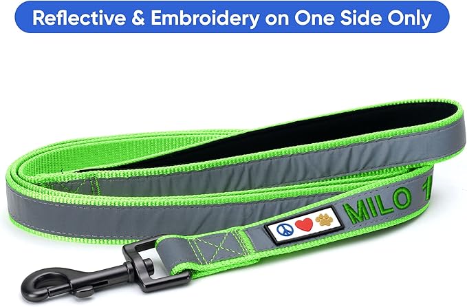 Pawtitas Personalized Dog Leash Embroidered Customize Your Pet Name & Phone Number Puppy Reflective 6 ft Long Small Green Custom Tag Name, Green Reflective 🔦 Padded