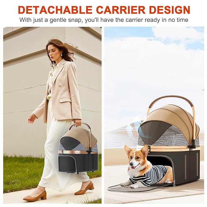 Dog Stroller with 4 Wheels, Folding Pet Stroller for Small, Medium Dogs and Cats up to 50lbs, Detachable Carrier, Storage Basket, Car Seat 3 in 1 Multifunctional (Brown‌)