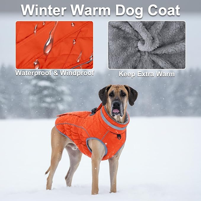Dog Coat, Warm Dog Winter Coat for Large Dogs, Waterproof Jacket with Harness Built in, Reflective Turtleneck Cold Weather Coats with Zipper,Pet Fleece Vest Snow Jacket, Orange XXXL