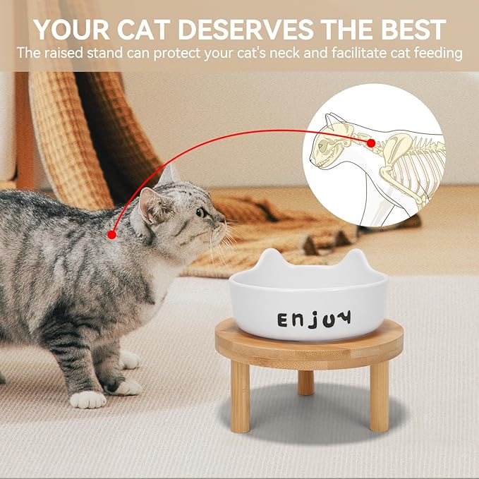 3PCS Elevated Cat Bowls,Wide Raised Ceramic Pet Dishes with Bamboo Stand, Whisker Friendly Pet Water or Food Plates Feeding Station for Indoor Small Dogs, Kitten (White(3PCS))