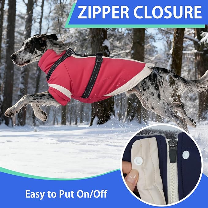 MIGOHI Dog Coat with Harness Built in, 2-in-1 Windproof Dog Winter Jacket, Thermal Reflective Snowsuit with Turtleneck, Back Zipper Fleece Coat for Small Dogs, Chihuahua, Pink, XS