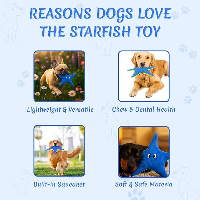 Squeaky Starfish Dog Toy for Small Medium Dogs - Chew Toy, Machine Washable and Anxiety Relief Gift