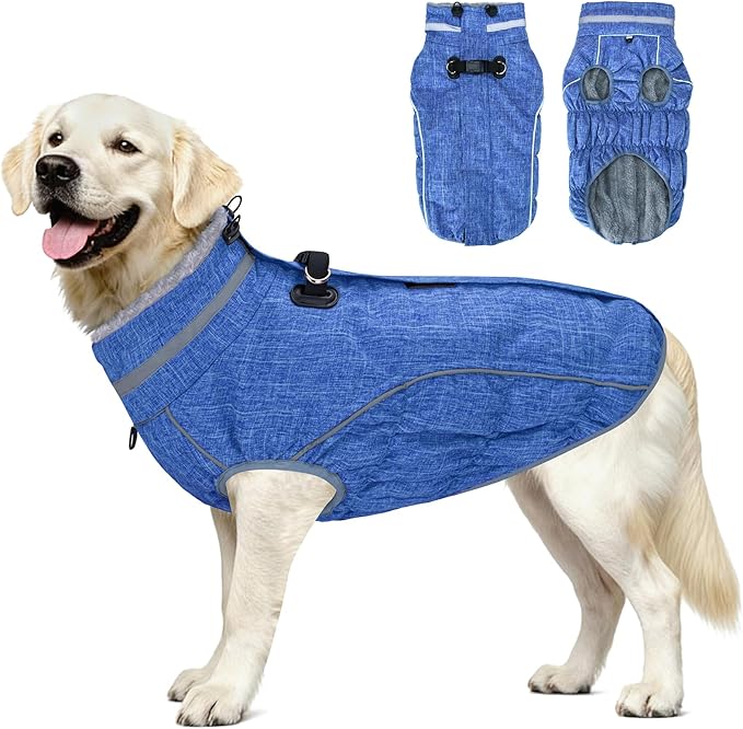 Malier Dog Coat, Reflective Dog Jacket Waterproof Windproof Puppy Cold Weather Coats with Harness Built in, Winter Extra Warm Pet Coat Fleece Vest for Small Large Pets and Puppy (Blue, XX-Large)