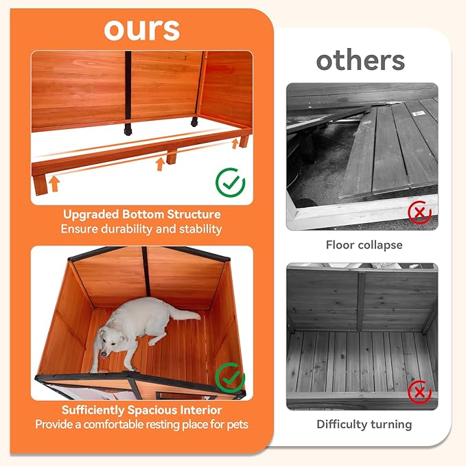 Petsfit Large Dog House Outdoor, Wooden Shelter for Extra Large Breeds Up to 200lbs, Weatherproof Roof, Removable Bottom Panel & Elevated Floor, 47-Inch, Natural Brown