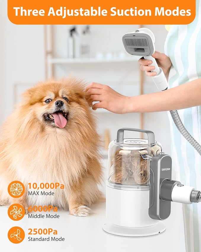 Dog Vacuum Grooming Kit for Shedding: Professional Hair Clippers Pet Groomer - Strong Suction Cleaner Deshedding Tool Fur Brush Attachment Trimmer for Home Cat (Pale White)