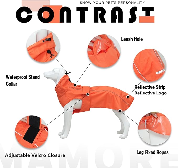 Waterproof Dog Raincoat with Reflective Strip, Adjustable Breathable Rain Coat Jacket with Leash Hole for Dogs (Orange, XX-Large)