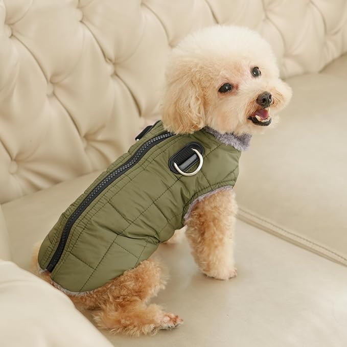 Warm Fleece Dog Coats with Durable Harness Buitl in D-Ring,Waterproof Puppy Jacket for Small Dogs,Dog Vest for Cold Winter,Green M
