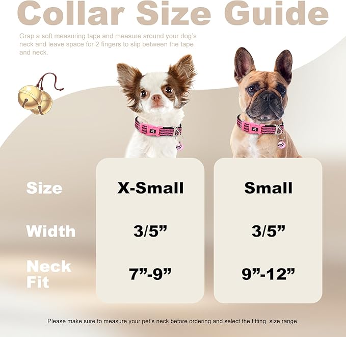 Small Dog Collar with Bell Reflective - Adjustable Tiny XS XXS Breed Collar for Girl Female,Night Walk Safety Accessory（Pink S）