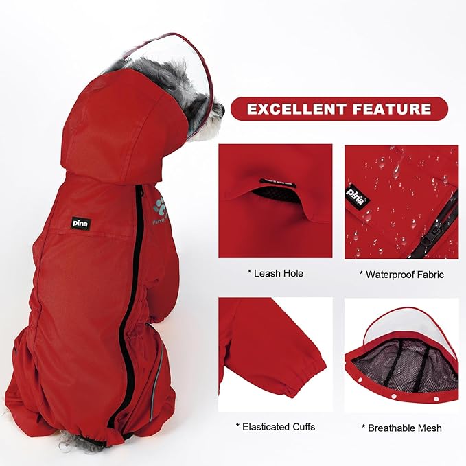 PINA Dog Raincoat, Waterproof Dog Rain Jacket with Hood, Lightweight Dog Rain Coat with Leash Hole, Dog Poncho with Reflective Strap and Pocket for Wet Weather, Full Wrap Design for Full Protection