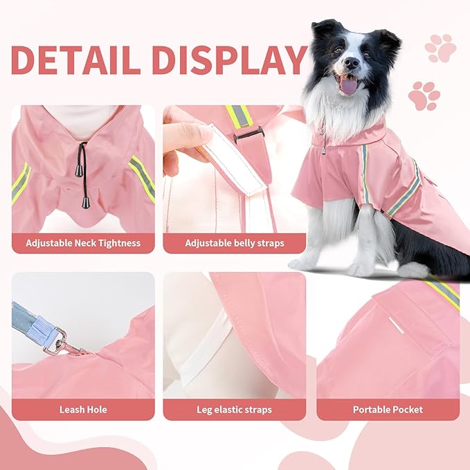 Dog Raincoat, Waterproof Windproof Dog Rain Jacket Adjustable, Rain Coat with Leash Hole, Reflective Strap Raincoat Poncho for Small Medium Large Dogs Outdoor (Reflection-Pink, Small)