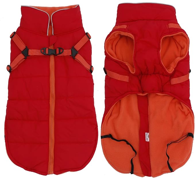 Geyecete Winter Warm Coat Waterproof Dog Winter Jacket with Harness Traction Belt,Windproof Pet Outdoor Jacket Dog Autumn-Red-M