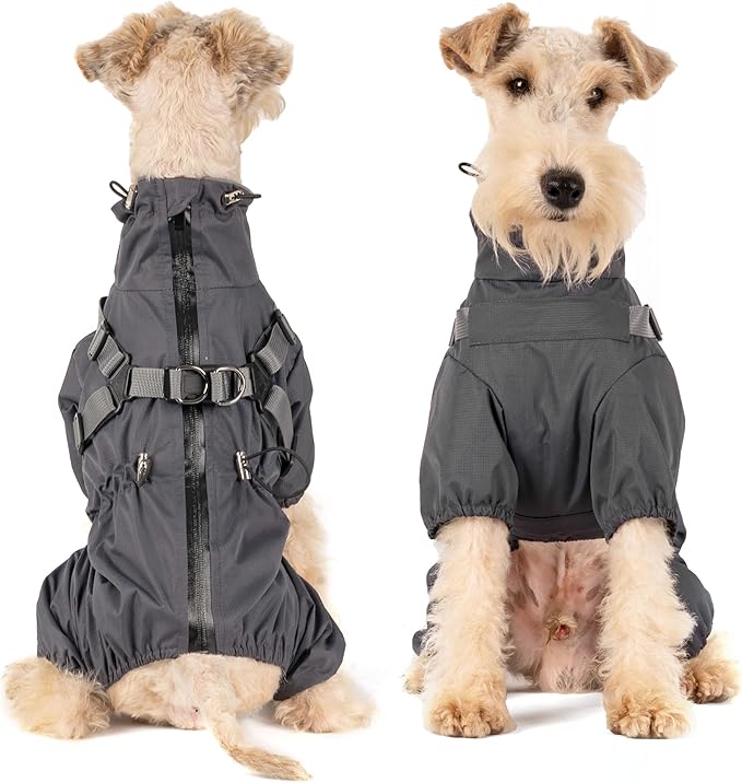 Mile High Life Waterproof Dog Raincoat, Full Coverage Small Dog Rain Coat with Harness, Adjustable 4 Legs Puppy Rain Jacket with Reflective Strip and Elastic Cuffs (Gray, L Back Length 16.1")