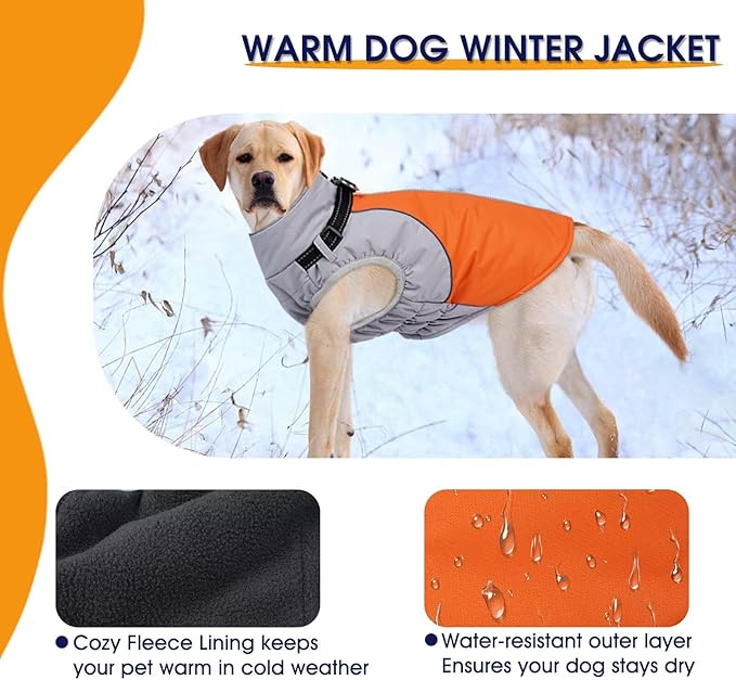 Small Dog Coat with Harness Built in,Warm Dog Jacket Water-Repellent Pet Winter Coat Snowsuit for Cold Weather,Reflective Fleece Jackets,Warm Pet Jacket with Zip,Doggy Winter Coats,Orange,S