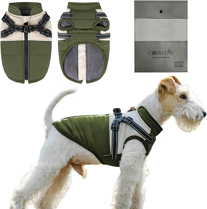 Dog Winter Coat for Small & Medium Dogs (Up to 31lb), Waterproof Dog Coat with Harness, Puppies Windproof Puppy Puffer Jacket, Snowsuit for Dachshund,Frenchie, Corgi (Classic Green, Medium)