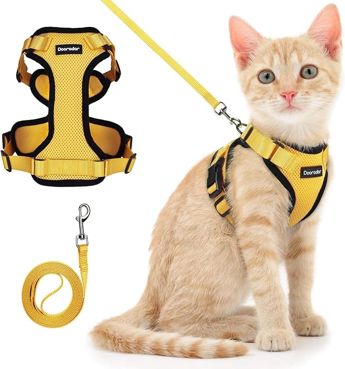 Dooradar Cat Harness and Leash Set, Escape Proof Safe Adjustable Kitten Vest Harnesses for Walking, Easy Control Soft Breathable Mesh Jacket with Reflective Strips for Cats, Yellow, S