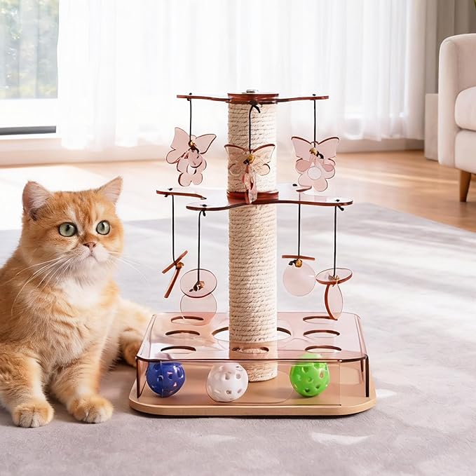 Modern 3-in-1 Interactive Cat Toy with Scratching Post, Cat Puzzle Toys for Indoor Cats with Colorful Jingle Balls, 2-Layer Spinning Teaser Disc with Dangling Toys, Acrylic, Pink
