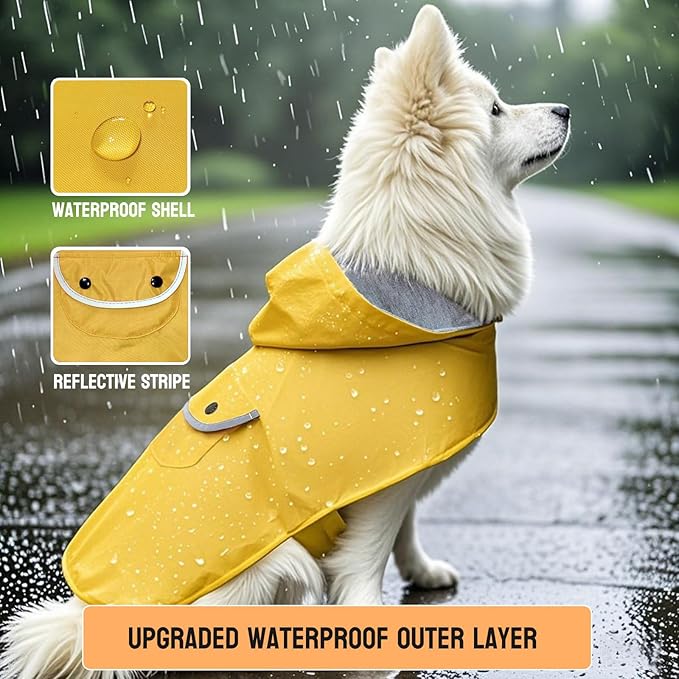 Small Dog Raincoat Puppy Dogs Rain Jacket Reflective Poncho Rainwear Waterproof Pet Clothes Warm Lined Pocket Hooded Leash Hole Adjustable Puppy,Yellow,XS,Back Length 6.3 Inch