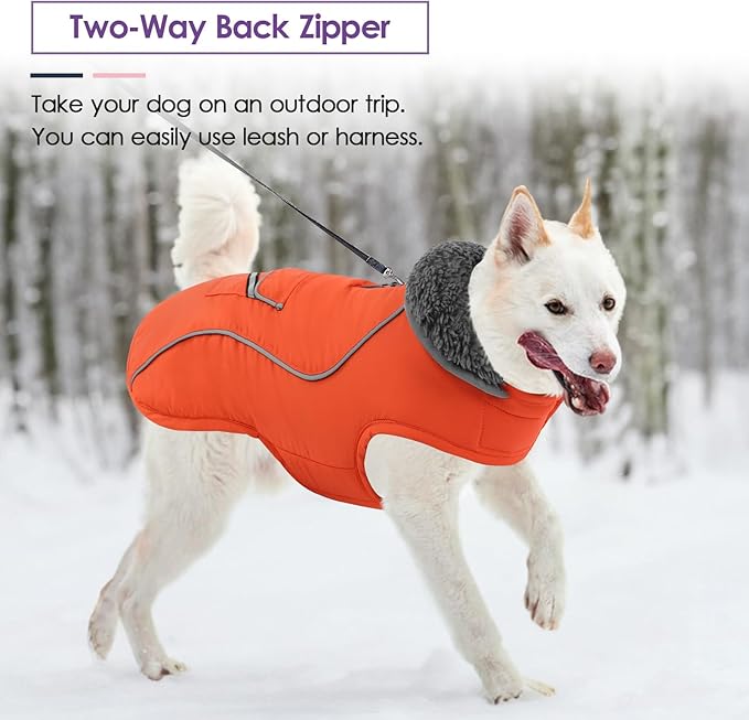 SUNFURA Dog Coat, Warm Dog Coat XXL Puffer Jacket with Harness Hole, Reflective Pet Snow Jacket Turtleneck Fleece Vest for Weimaraner, Labrador, Golden Retriever, Orange 2XL