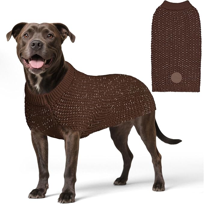KYEESE Dog Sweater with Leash Hole Comfy Pullover Sweater Medium Size Male with Reflective Yarn Warm Pet Coats Stretchy Cozy Lightweight Thick Knitwear Dog Clothes,Khaki, X-Large