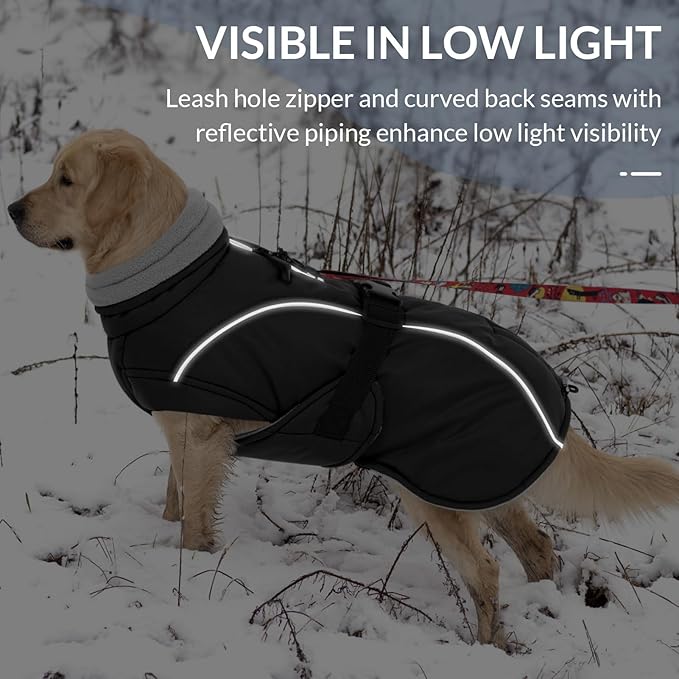 Queenmore Winter Dog Coat Warm Dog Jacket Vest Waterproof Puffer Fleece Snowsuit Adjustable Buckle Leash Hole Reflective Cold Weather Parka for Small Medium Large Dogs Girl Boy Black L