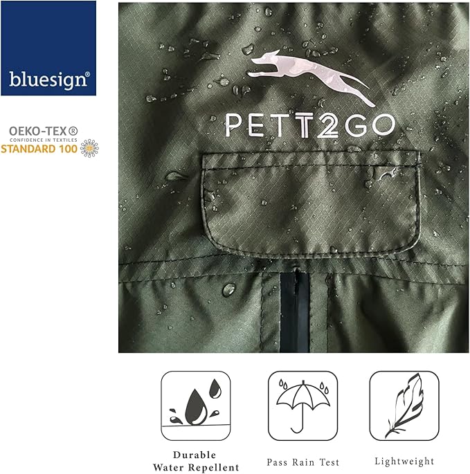 Dog Lightweight Windbreaker, Dog Outdoor 4-Legs Jacket, 0.5 lbs,Durable Water Repellent, Hooded, Easy on/Off with Collar and Harness, Reflective, Packable,Dark Olive (X-Small)