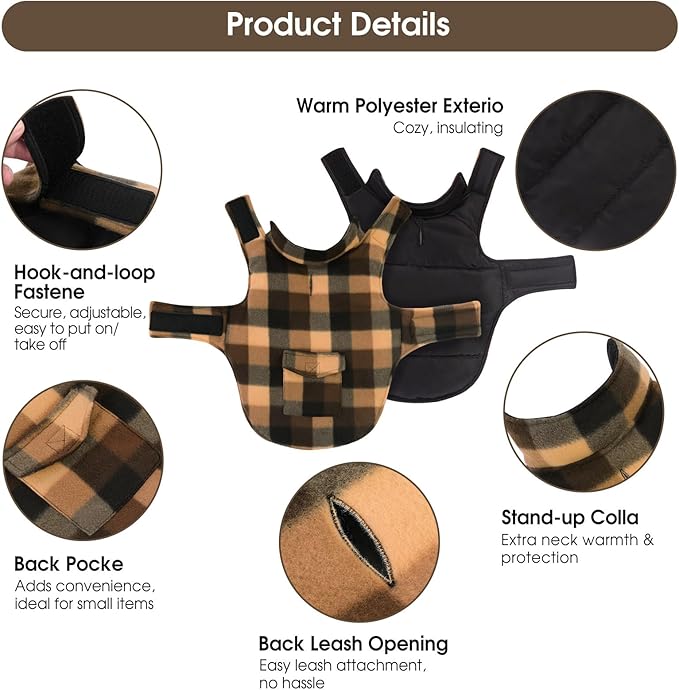 ASENKU Dog Winter Jacket Plaid Reversible Vest, Waterproof Dog Coat for Cold Weather, Perfect for Small to Large Dogs (Coffee, XL)
