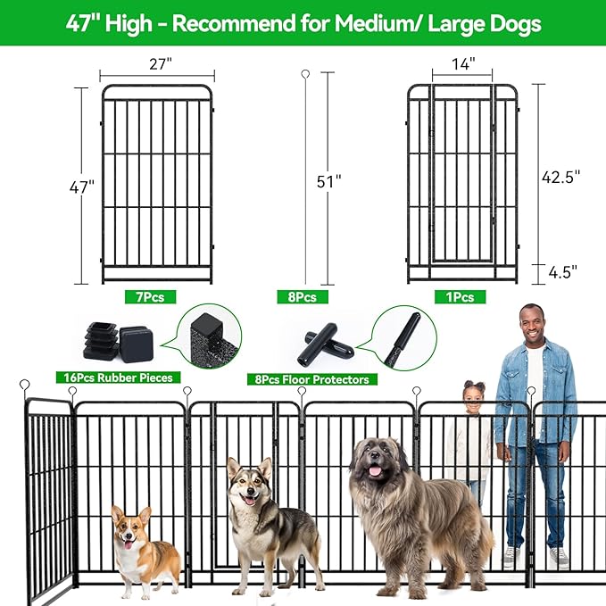 Square Steel Pipe Dog Fence Outdoor 8 Piece Panels 47" Height Anti-Rust Heavy Duty Dog Playpen with Doors Portable for Yard RV Camping, Total 18FT, 25 Sq.ft, Snowy Black