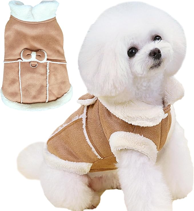 Jecikelon Bowtie Dog Cold Weather Coat Fleece Lining Warm Pet Puppy Turtleneck Dogs Winter Coats for Small Dogs Jacket with D-Ring Leash (Small, Khaki)