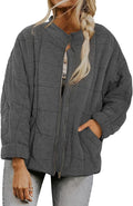 LIZALIG Warm Padded Coat for Women Full Zip Quilted Jackets Winter Oversized Causal Solid Color Stand Collar Pockets Coat