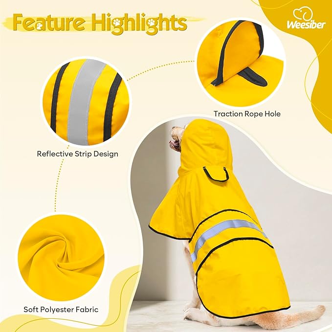 Weesiber Dog Raincoat, Adjustable Waterproof Dog Rain Jacket Poncho with Reflective Strip and Leash Hole, Lightweight Pet Rain Coat for Small to X-Large Dogs (M, Yellow)