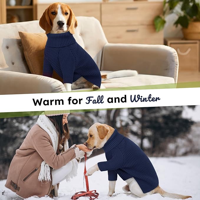Queenmore Turtleneck Dog Sweater, Plaid Dog Sweater with Check Pattern, Long Sleeve Holiday Doggie Sweaters, Solid Pet Sweaters for Large Breeds, Navy Blue L
