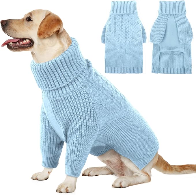 Queenmore Dog Sweater - Warm Winter Fall Turtleneck Knit for Small, Medium, Large Puppies - Long Sleeves Christmas Sweater for Girls Boys - Blue, XL