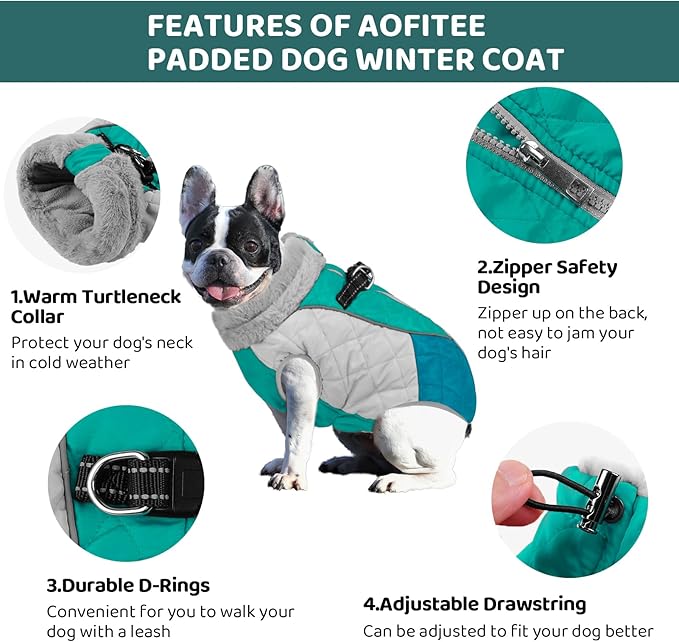 AOFITEE Dog Coat, Winter Jacket With Harness Built-in and Fleece Lined, Reflective Waterproof Pet Puffer for Small Medium Large Dogs, Green XL