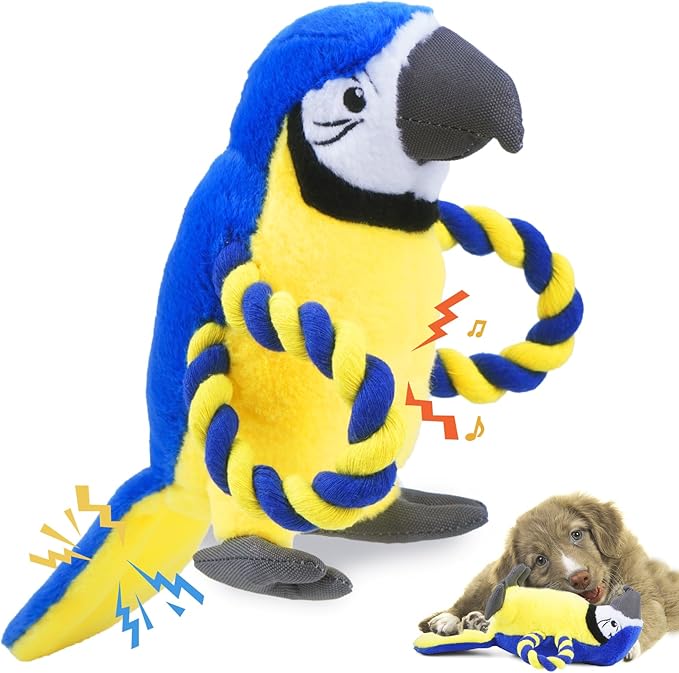 Upgraded Dog Squeak Toys Tug of War Squeaky Parrot Dog Toys with Strong Pull Rope, Superior Crinkle Paper and Big Squeaker Interactive Plush Bird Chew Toys for Small, Medium, and Large Dogs