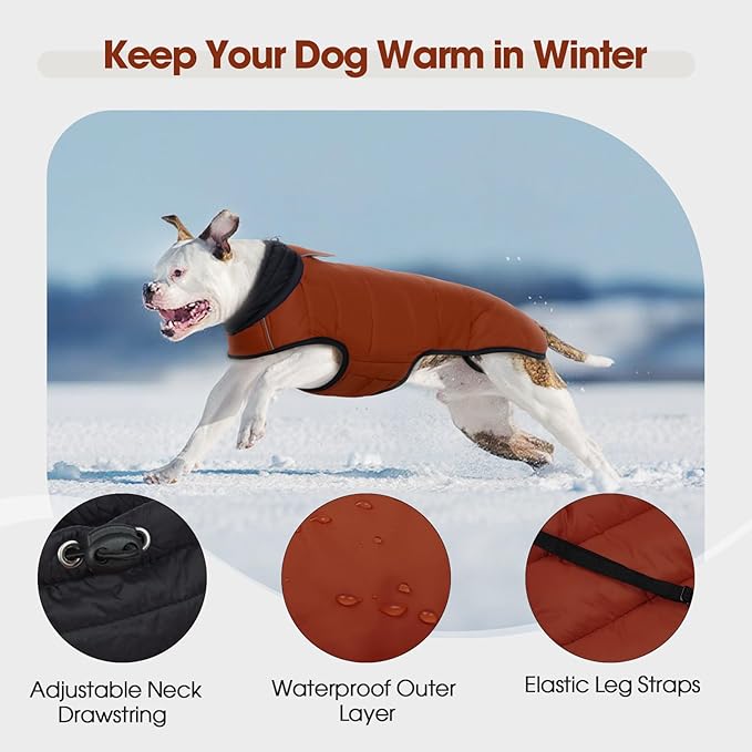 IDOMIK Dog Winter Coat, Warm Waterproof Dog Puffer Jacket with Harness Hole, Adjustable Reflective Snow Jacket Vest with Turtleneck, Pet Cold Weather Coats for Large Dogs,Caramel,L