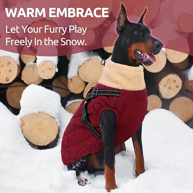 Queenmore Dog Coats for Large Dogs, Dog Jacket, Warm Fleece Winter DogCoat with Harness Built in, Back Zipper Pet Jacket for Large Breeds, Thick Fleece Lining Pet Snowsuit, Burgundy 2XL