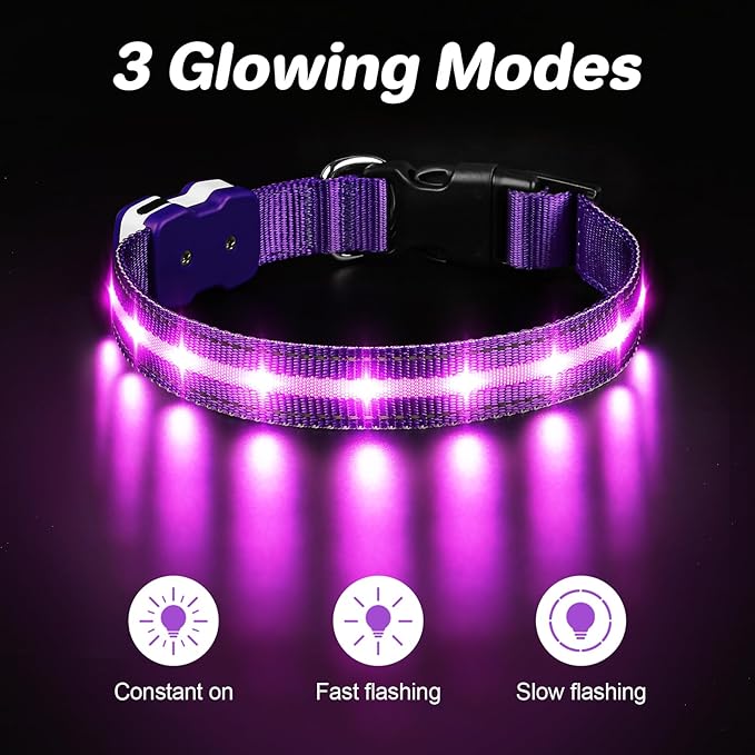 PcEoTllar Light Up Dog Collars, Led Dog Collar, Rechargeable, Night Walking, Waterproof, Glow in The Dark Dog Collars Light for Large Small Medium Dogs, Purple s