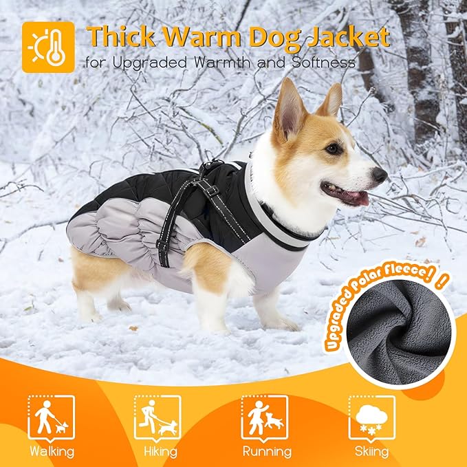 Dog Winter Coat with Harness, Dog Jacket, Pet Clothes with Zipper on Back, Waterproof Windproof Warm Vest, Reflective Cold Weather Coats, for Small Medium Large Dogs, Thick, Black,XS