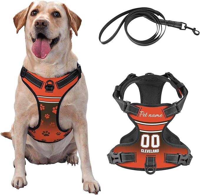Custom Cleveland Dog Harness with Reflective Stripes Personalized Name and Number Dog Vest Harness with Pet Traction Rope for Small Medium Large Dog