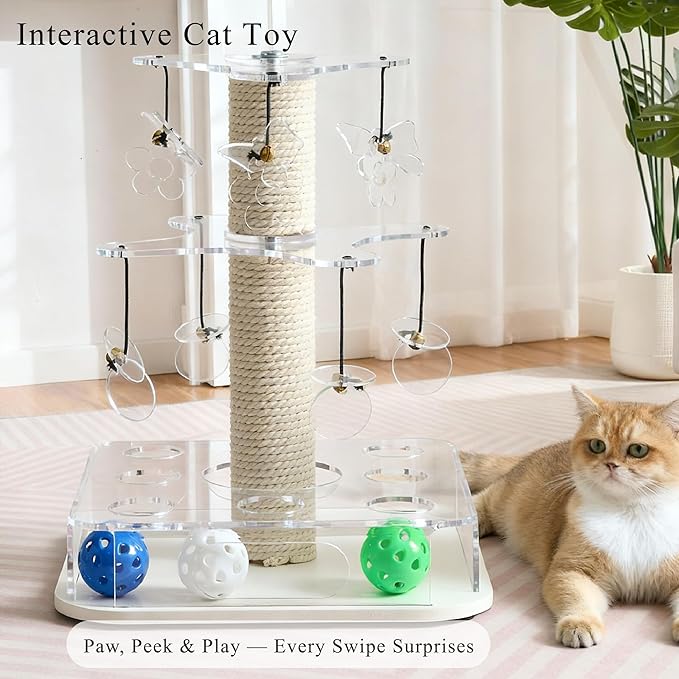 Modern 3-in-1 Interactive Cat Toy with Scratching Post, Cat Puzzle Toys for Indoor Cats with Colorful Jingle Balls, 2-Layer Spinning Teaser Disc with Dangling Toys, Acrylic, White