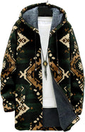 Mens Aztec Print Hoodie Heavyweight Cotton Fleece Jacket Zip Up Warm Long Sleeve Hooded Winter Midi Coat