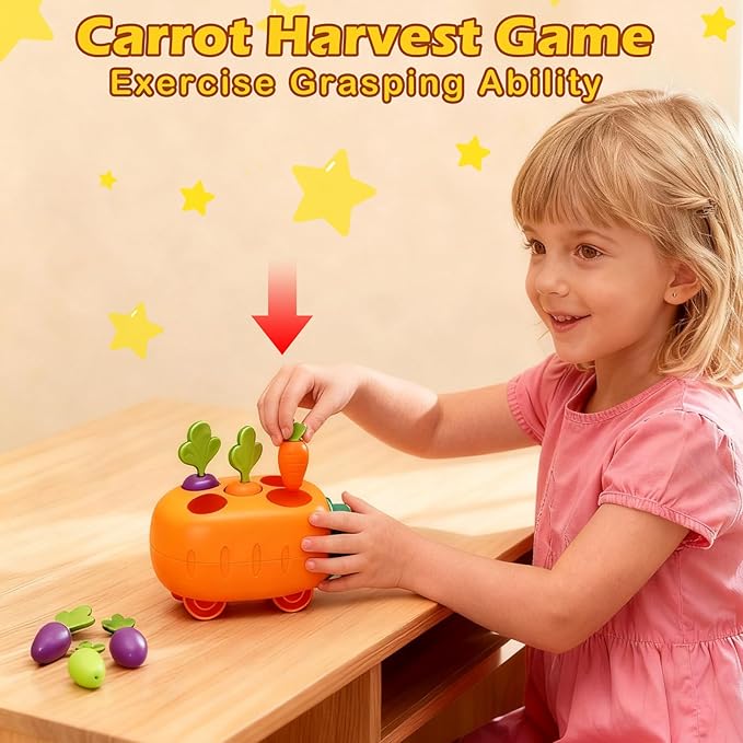 Press and Go Toddler Car Toys, Baby Push Car with Whack-A-Mole, Woodpecker Worm, Carrot Harvest Game, Train Toys for Toddlers 3-5, Racing Truck Toy, Kids Sensory Learning Birthday