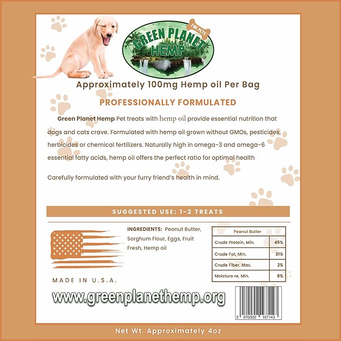 Dog Treats | Peanut Butter 100mg of Hemp Per Bag | 100% Natural and Non GMO | Offers Your Pet Hip, Joint, and Muscle Support | Aids with Anxiety,Stress, and Pain