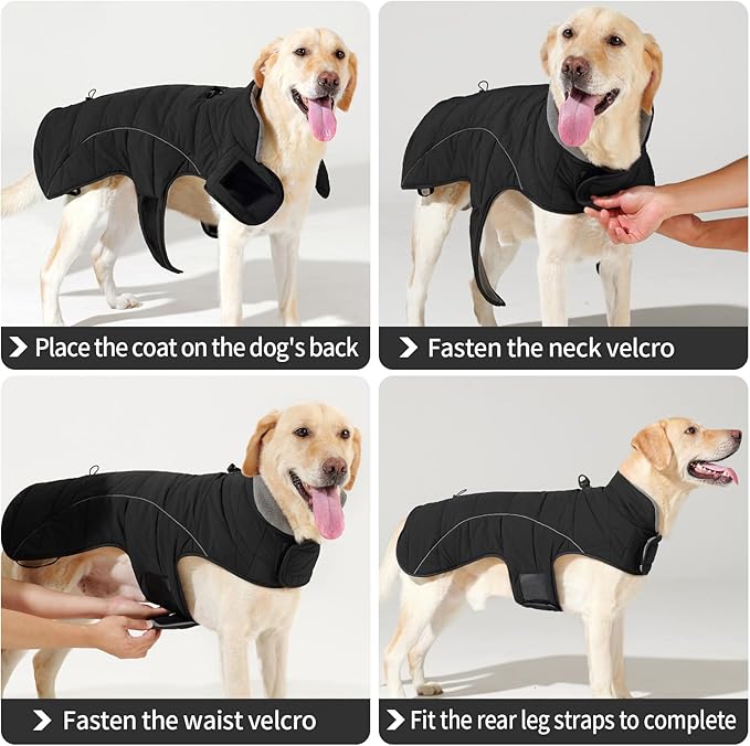 HEYWEAN Dog Winter Coat - Waterproof Windproof Reflective Vest for Medium & Large Breeds Adjustable Warm FleeceLined Jacket with Magic Tape & D-Ring for Leash Cold Weather Apparel (Black, X-Large)