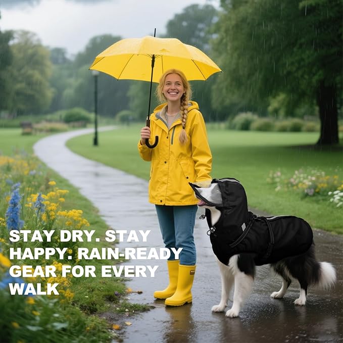 Dog Raincoat For Extra Large Dogs With Hood, Waterproof Dog Rain Jacket with Adjustable Built-in Harness & Back Zipper, Reflective Strip, Removable Hood,for Rainy Walks, Muddy Roads - Black 4XL